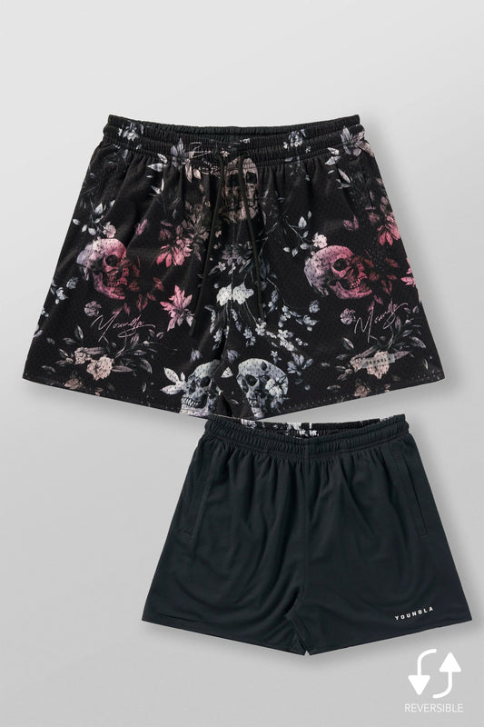 1111 Skull&Roses Reversible Shorts-Black Flower